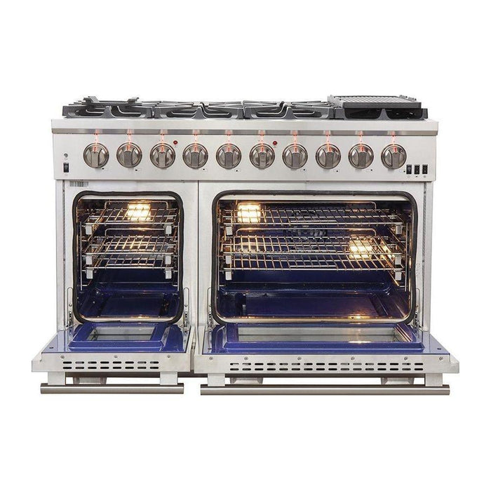 Forno Kitchen Appliance Packages Forno 48" Gas Range, Refrigerator with Water Dispenser, Microwave Oven and Stainless Steel 3-Rack Dishwasher Pro Appliance Package