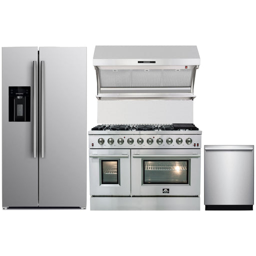Forno Kitchen Appliance Packages Forno 48" Gas Range, Refrigerator with Water Dispenser, Wall Mount Hood with Backsplash and Stainless Steel 3-Rack Dishwasher Appliance Package