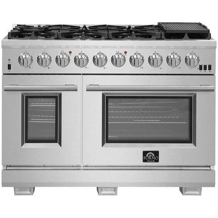 Forno 48" Gas Range, Refrigerator with Water Dispenser, Wall Mount Hood with Backsplash, Microwave Drawer and Stainless Steel 3-Rack Dishwasher Pro Appliance Package