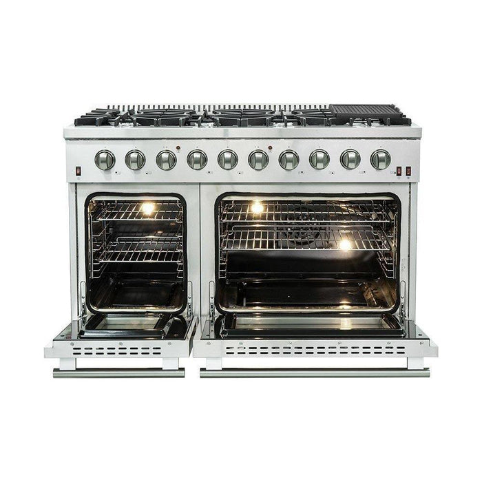 Forno Kitchen Appliance Packages Forno 48" Gas Range, Refrigerator with Water Dispenser, Wall Mount Hood with Backsplash, Microwave Oven and Stainless Steel 3-Rack Dishwasher Appliance Package