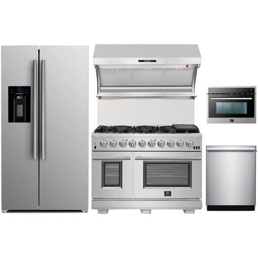 Forno 48" Gas Range, Refrigerator with Water Dispenser, Wall Mount Hood with Backsplash, Microwave Oven and Stainless Steel 3-Rack Dishwasher Pro Appliance Package