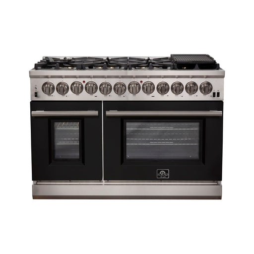 Forno 48-Inch Capriasca Dual Fuel Range with 8 Gas Burners and 240v Electric Oven in Stainless Steel with Black Door (FFSGS6187-48BLK)