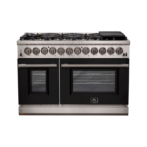 Forno Ranges Forno 48-Inch Capriasca Dual Fuel Range with 8 Gas Burners and 240v Electric Oven in Stainless Steel with Black Door (FFSGS6187-48BLK)