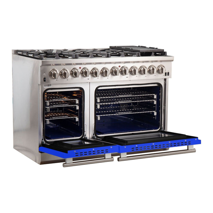 Forno Ranges Forno 48-Inch Capriasca Dual Fuel Range with 8 Gas Burners and 240v Electric Oven in Stainless Steel with Blue Door (FFSGS6187-48BLU)