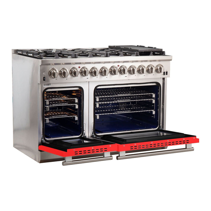 Forno 48-Inch Capriasca Dual Fuel Range with 8 Gas Burners and 240v Electric Oven in Stainless Steel with Red Door (FFSGS6187-48RED)