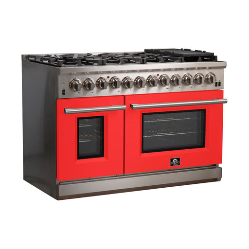 Forno Ranges Forno 48-Inch Capriasca Dual Fuel Range with 8 Gas Burners and 240v Electric Oven in Stainless Steel with Red Door (FFSGS6187-48RED)