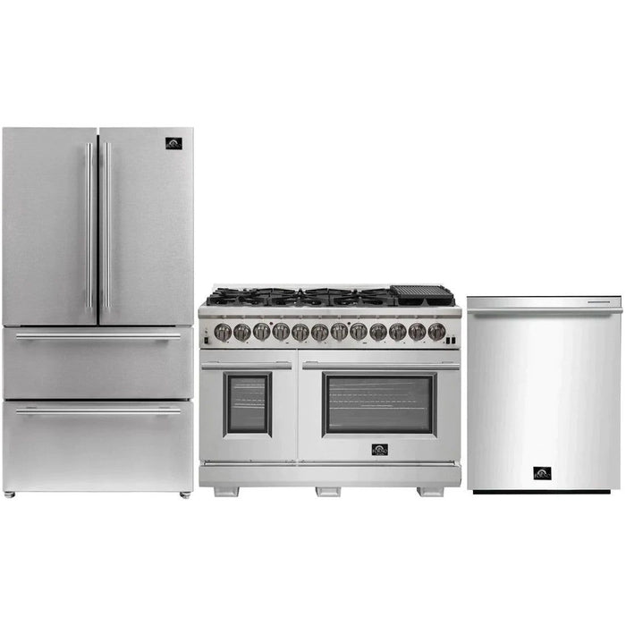 Forno 48-Inch Dual Fuel Range, French Door Refrigerator, and Dishwasher In Stainless Steel Appliance Package