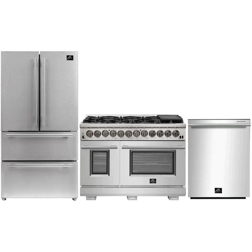 Forno Kitchen Appliance Packages Forno 48-Inch Dual Fuel Range, French Door Refrigerator, and Dishwasher In Stainless Steel Appliance Package