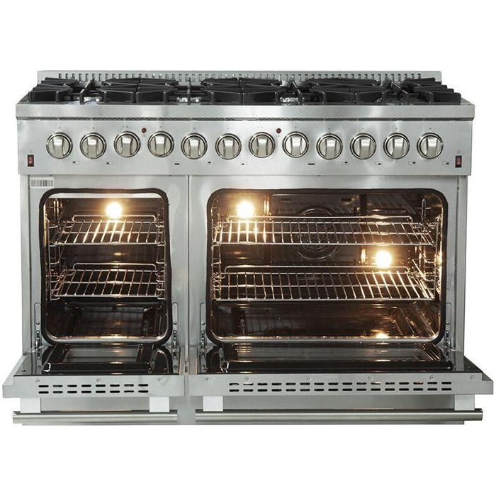 Forno Kitchen Appliance Packages Forno 48 Inch Dual Fuel Range, Wall Mount Range Hood, Refrigerator, Microwave Drawer and Dishwasher Appliance Package