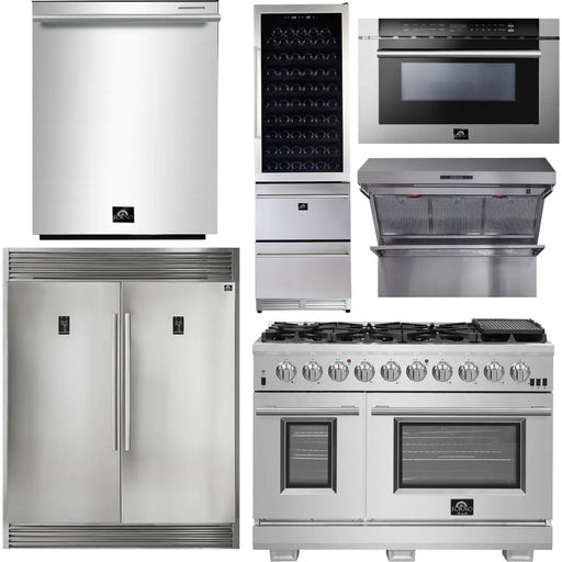 Forno 48 Inch Gas Burner/Electric Oven Pro Range, Range Hood, Refrigerator, Microwave Drawer, Dishwasher and Wine Cooler Appliance Package