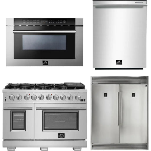 Forno 48 Inch Gas Burner/Electric Oven Pro Range, Refrigerator, Microwave Drawer and Dishwasher Appliance Package