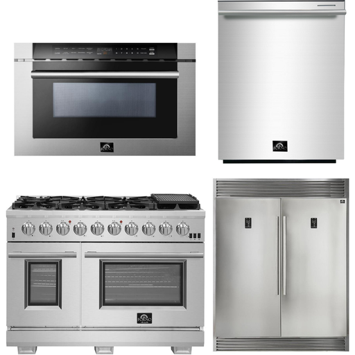 Forno Kitchen Appliance Packages Forno 48 Inch Gas Burner/Electric Oven Pro Range, Refrigerator, Microwave Drawer and Dishwasher Appliance Package