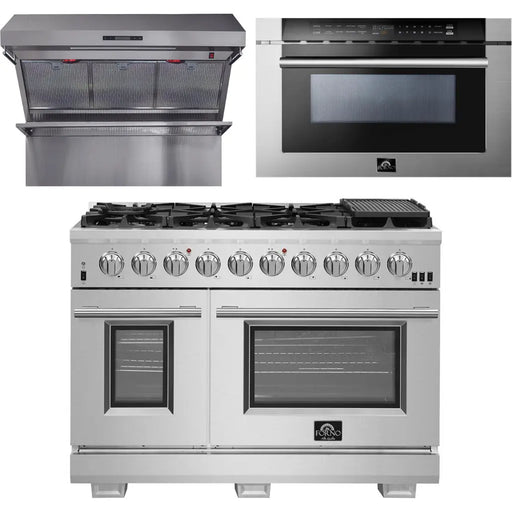 Forno 48 Inch Gas Burner/Electric Oven Pro Range, Wall Mount Range Hood and Microwave Drawer Appliance Package