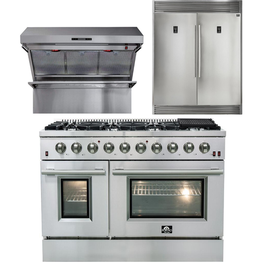 Forno 48 Inch Gas Range, Wall Mount Range Hood and 60 Inch Refrigerator Appliance Package