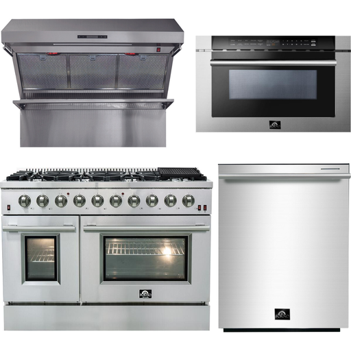 Forno 48 Inch Gas Range, Wall Mount Range Hood, Microwave Drawer and Dishwasher Appliance Package