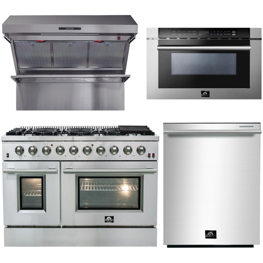 Forno Kitchen Appliance Packages Forno 48 Inch Gas Range, Wall Mount Range Hood, Microwave Drawer and Dishwasher Appliance Package
