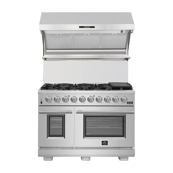 Forno 48 Inch Pro Gas Range, Range Hood, Refrigerator, Microwave Drawer, Dishwasher and Wine Cooler Appliance Package