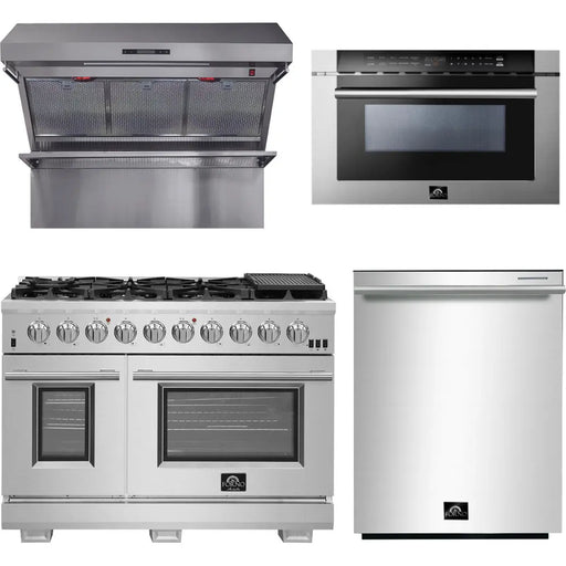 Forno 48 Inch Pro Gas Range, Wall Mount Range Hood, Microwave Drawer and Dishwasher Appliance Package