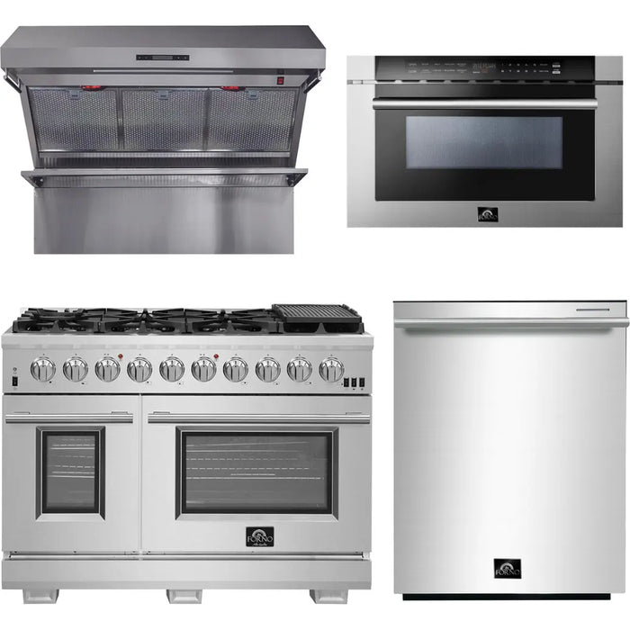 Forno 48 Inch Pro Gas Range, Wall Mount Range Hood, Microwave Drawer and Dishwasher Appliance Package