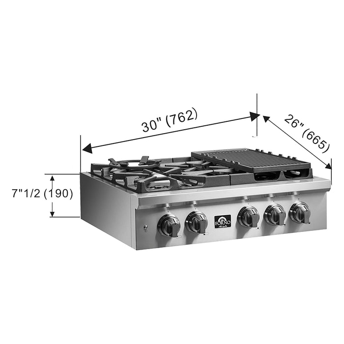 Forno Spezia 30-Inch Gas Rangetop, 5 Burners, Wok Ring and Grill/Griddle in Stainless Steel (FCTGS5751-30)