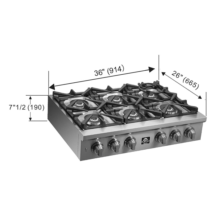 Forno Spezia 36-Inch Gas Rangetop, 6 Burners. Wok Ring and Grill/Griddle in Stainless Steel (FCTGS5751-36)