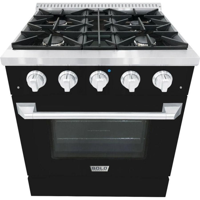 Hallman 30 In. Gas Range, Glossy Black with Chrome Trim - Bold Series, HBRG30CMGB