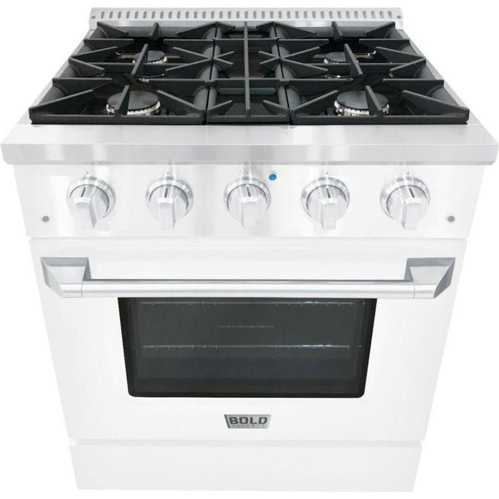 Hallman 30 In. Gas Range, White with Chrome Trim - Bold Series, HBRG30CMWT