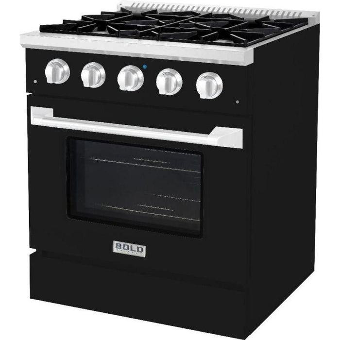 Hallman 30 In. Range with Gas Burners and Electric Oven, Glossy Black with Chrome Trim - Bold Series, HBRDF30CMGB