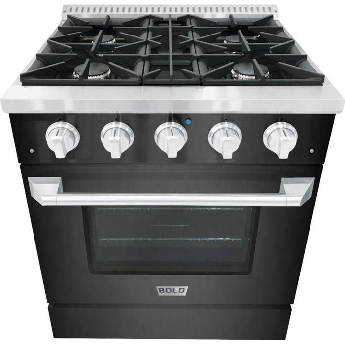 Hallman 30 In. Range with Propane Gas Burners and Electric Oven, Black Titanium with Chrome Trim - Bold Series, HBRDF30CMBT-LP