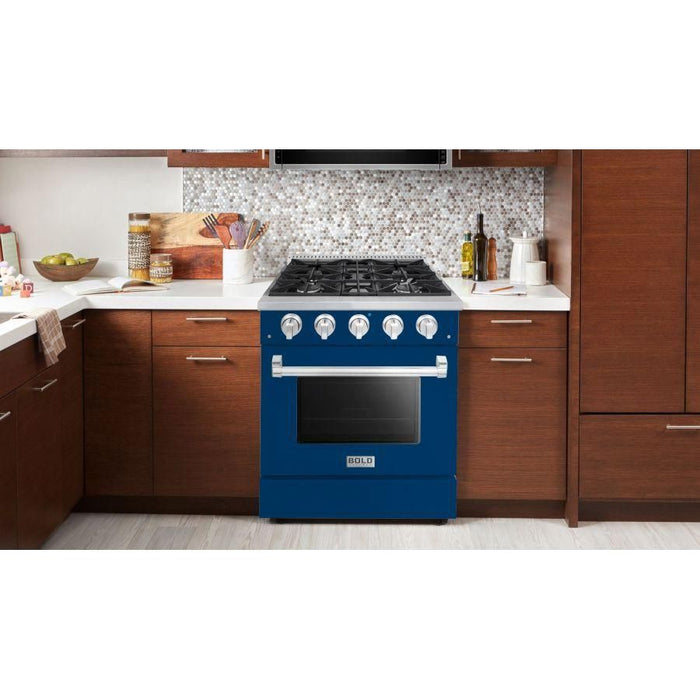 Hallman 30 In. Range with Propane Gas Burners and Electric Oven, Blue with Chrome Trim - Bold Series, HBRDF30CMBU-LP