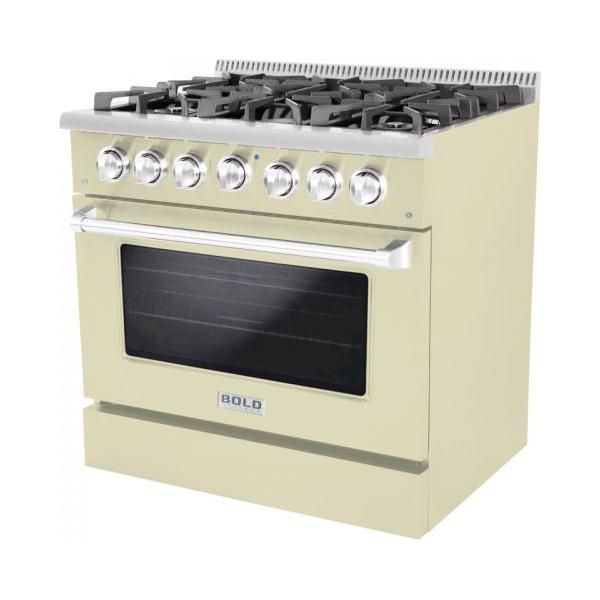 Hallman 36 In. Gas Range, Antique White with Chrome Trim - Bold Series, HBRG36CMAW