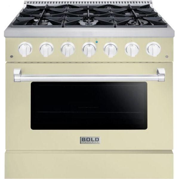 Hallman 36 In. Gas Range, Antique White with Chrome Trim - Bold Series, HBRG36CMAW