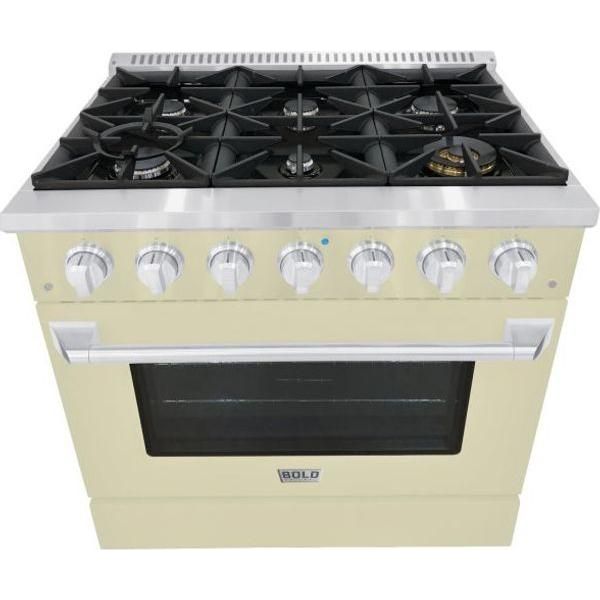 Hallman 36 In. Gas Range, Antique White with Chrome Trim - Bold Series, HBRG36CMAW