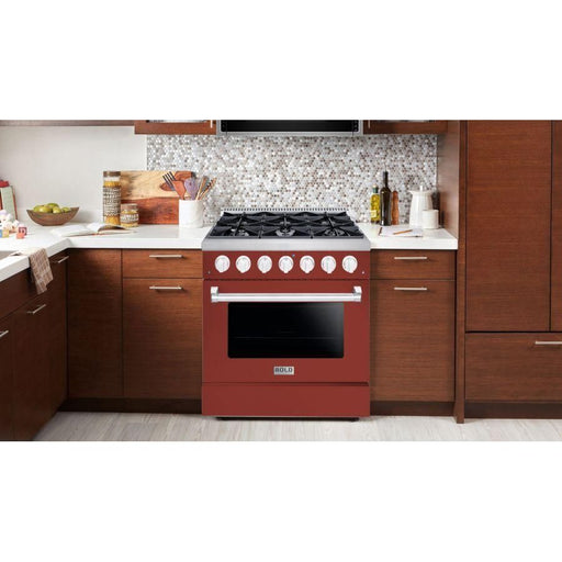 Hallman 36 In. Gas Range, Burgundy with Chrome Trim - Bold Series, HBRG36CMBG