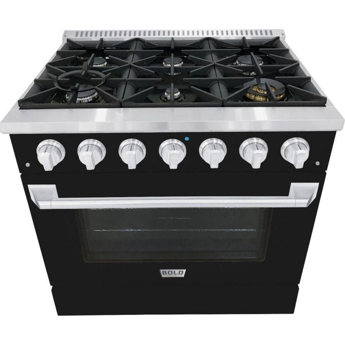 Hallman 36 In. Gas Range, Glossy Black with Chrome Trim - Bold Series, HBRG36CMGB