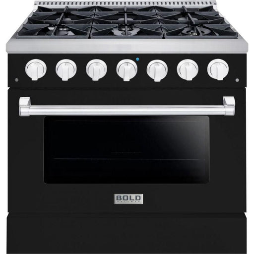 Hallman 36 In. Gas Range, Glossy Black with Chrome Trim - Bold Series, HBRG36CMGB