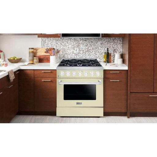 Hallman 36 In. Propane Gas Range, Antique White with Chrome Trim - Bold Series, HBRG36CMAW-LP