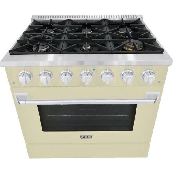 Hallman 36 In. Propane Gas Range, Antique White with Chrome Trim - Bold Series, HBRG36CMAW-LP