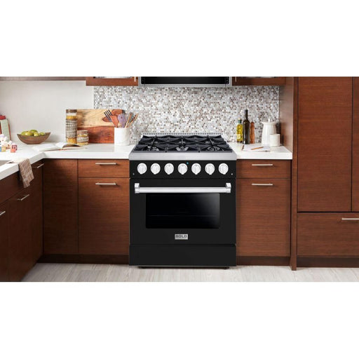 Hallman 36 In. Range with Gas Burners and Electric Oven, Glossy Black with Chrome Trim - Bold Series, HBRDF36CMGB