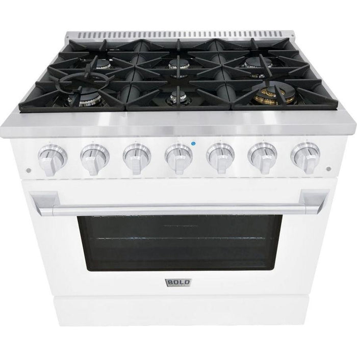 Hallman Range Hallman 36 In. Range with Gas Burners and Electric Oven, White with Chrome Trim - Bold Series, HBRDF36CMWT