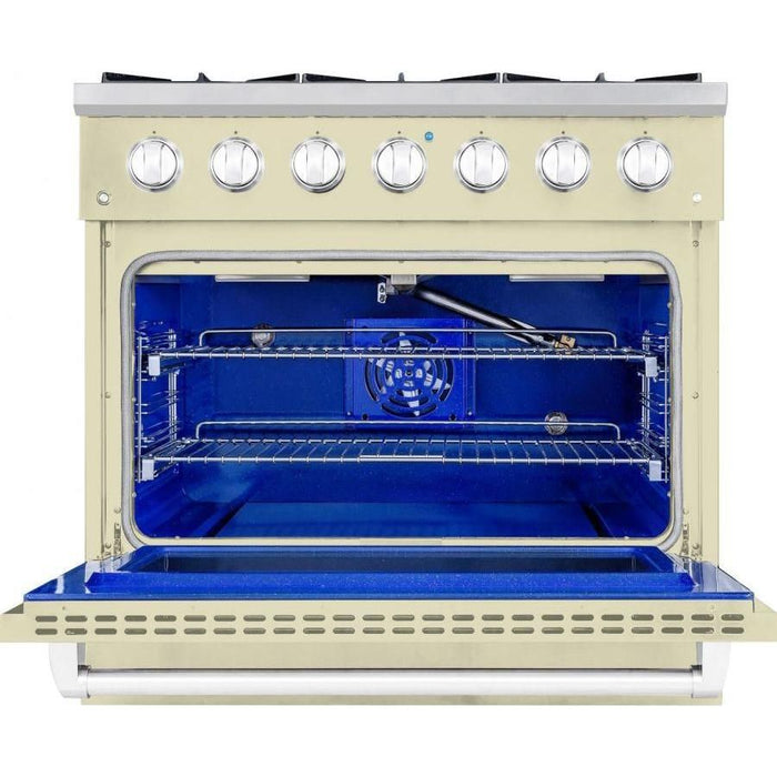 Hallman 36 In. Range with Propane Gas Burners and Electric Oven, Antique White with Chrome Trim - Bold Series, HBRDF36CMAW-LP