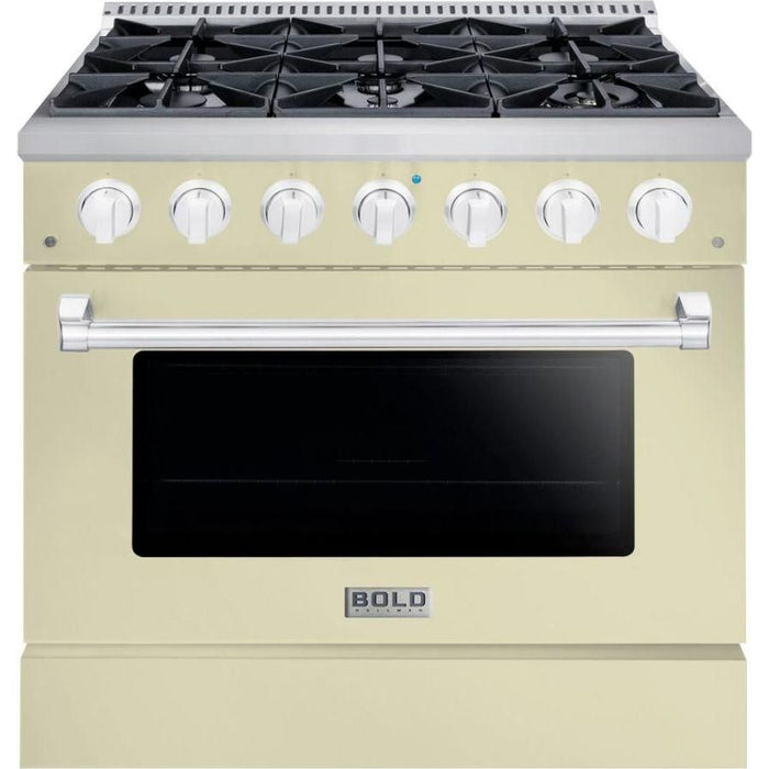 Hallman 36 In. Range with Propane Gas Burners and Electric Oven, Antique White with Chrome Trim - Bold Series, HBRDF36CMAW-LP