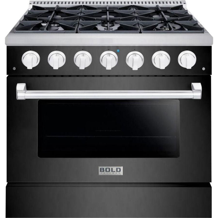 Hallman 36 In. Range with Propane Gas Burners and Electric Oven, Black Titanium with Chrome Trim - Bold Series, HBRDF36CMBT-LP