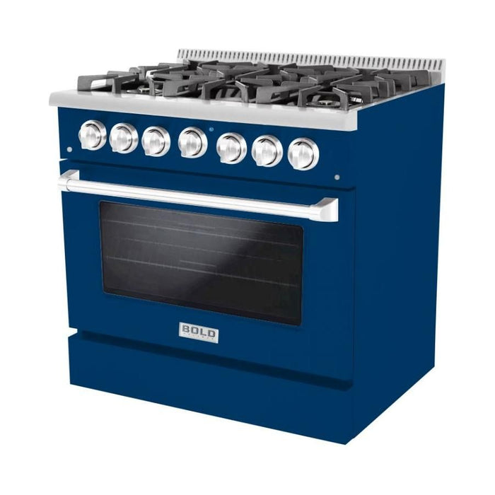 Hallman 36 In. Range with Propane Gas Burners and Electric Oven, Blue with Chrome Trim - Bold Series, HBRDF36CMBU-LP