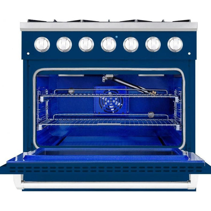 Hallman 36 In. Range with Propane Gas Burners and Electric Oven, Blue with Chrome Trim - Bold Series, HBRDF36CMBU-LP