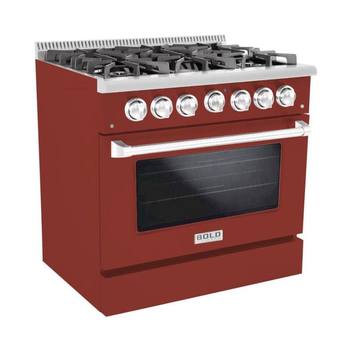 Hallman 36 In. Range with Propane Gas Burners and Electric Oven, Burgundy with Chrome Trim - Bold Series, HBRDF36CMBG-LP