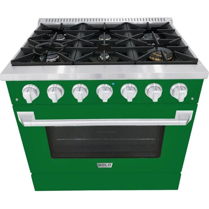 Hallman 36 In. Range with Propane Gas Burners and Electric Oven, Emerald Green with Chrome Trim - Bold Series, HBRDF36CMGN-LP