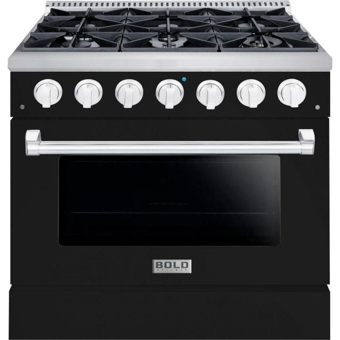 Hallman 36 In. Range with Propane Gas Burners and Electric Oven, Glossy Black with Chrome Trim - Bold Series, HBRDF36CMGB-LP