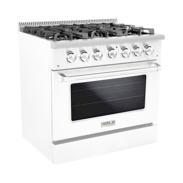 Hallman 36 In. Range with Propane Gas Burners and Electric Oven, White with Chrome Trim - Bold Series, HBRDF36CMWT-LP