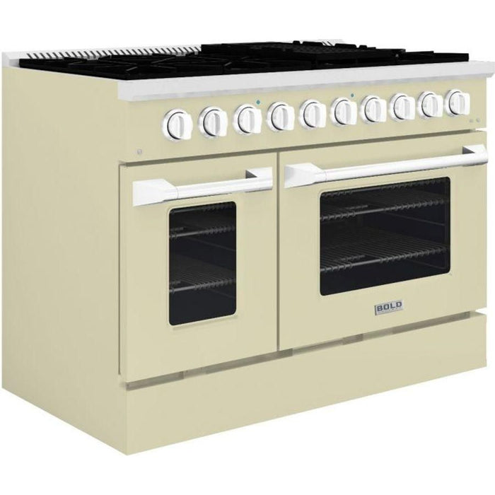 Hallman 48 In. Gas Range, Antique White with Chrome Trim - Bold Series, HBRG48CMAW